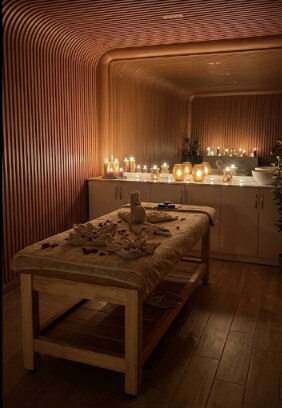 Cabine de massage éclairée aux bougies chez Wes’Spa